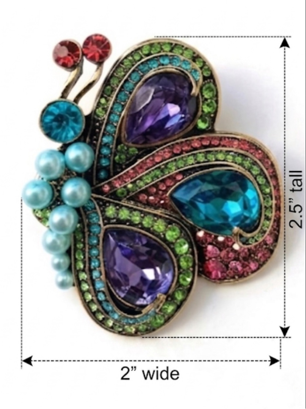 Butterfly Brooch Pin Multicolor Rhinestone Crystal Faux Pearl Vintage Style New - Picture 5 of 8